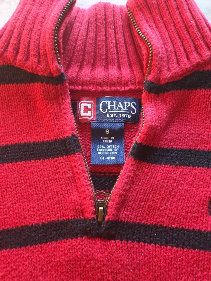 Suéter Pullover Chaps Niños Vacaciones 1/4 Cremallera Negro/Rojo Rayas Talla 6 Foto 2 de 3