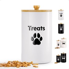 Ceramic Dog Treat Container Airtight with Bamboo Lid, 5"W x 9"H, White - 1pc
