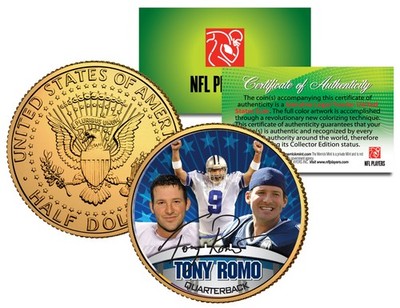 TONY ROMO Colorized JFK Kennedy Half Dollar 24K Gold Plated Coin DALLAS COWBOYS