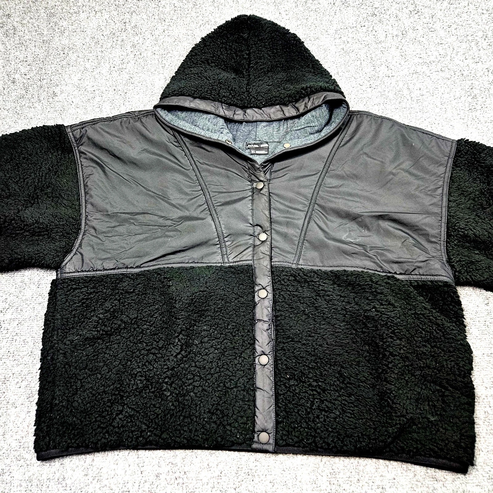 Prana Hooded Fleece Jacket XL Black Sherpa Snap Front Quilted Gorpcore Outdoor