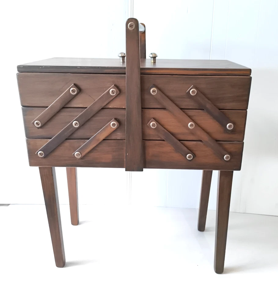 Vintage Sewing Box 3 Tier Cantilevered Wooden 6 Compartments Handcrafted - image 2 of 4