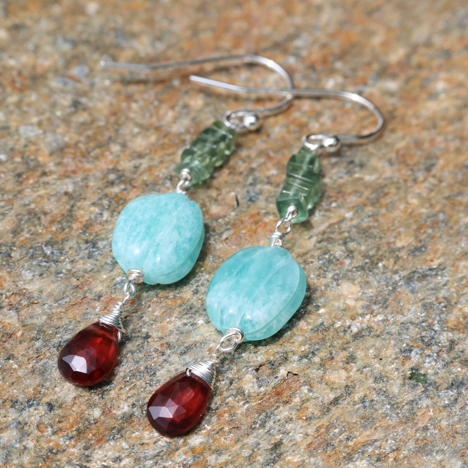 Boucles d'oreilles pierre précieuse fine grenat amazonite apatite verte pour femme bijoux 2278