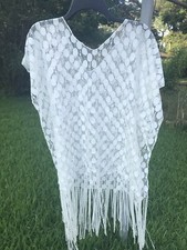 White Lace Pullover Dress With Fringe, One Size