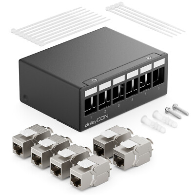 6 Port CAT 7 Patchpanel Set 1 HE Patchfeld mit 6x CAT 7 RJ45 Keystone Jack Modul