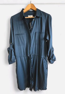 lou and grey shirt dress & Size Medium Blue Drawstring Waist Roll Tab Sleeve Nwt style: Resort