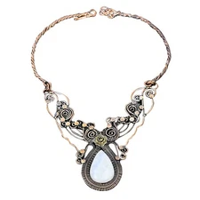 Easter Deal Rainbow Moonstone Stone Copper Flower Handcrafted Chain Necklace