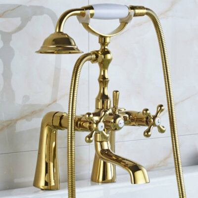 Double Handles Gold Bathroom Deck Mount Basin Taps Hand Shower Mixer Faucet