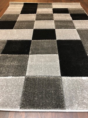 NEU TOLLE QUALITÄT GEWEBT MODERN KARIERT BLOCK DESIGN WEICHE TEPPICHE XLARGE SCHWARZ GRAU