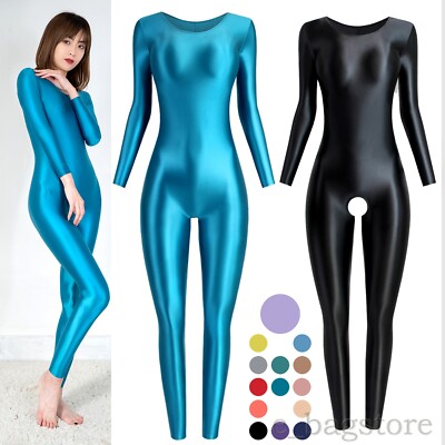 Women Sexy Jumpsuits Legging Shiny Glossy Catsuit Overalls Bodysuit Leotard Suit