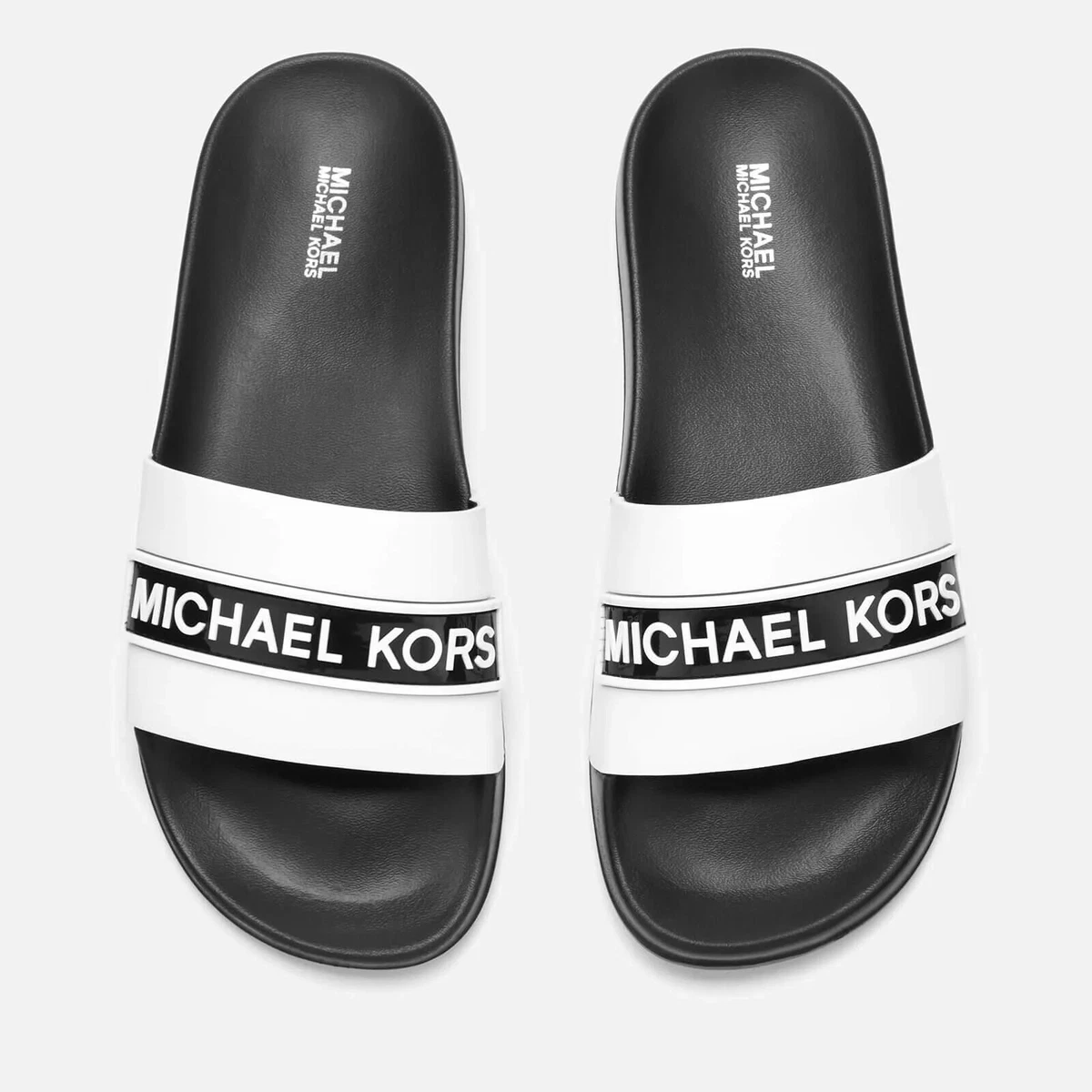 MICHAEL KORS Womens MK Logo T Strap Slides Flat Sandals White Black Sz 8 10 11