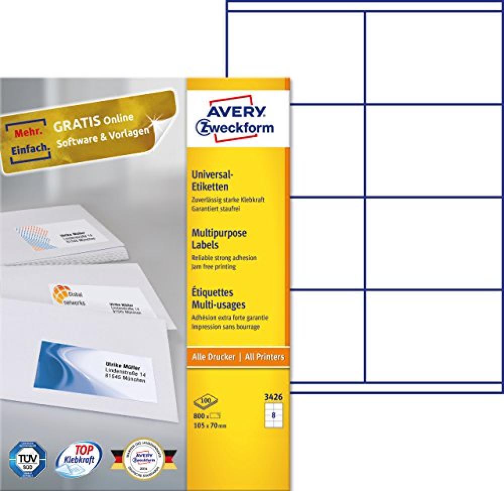 (TG. 800 Etiketten, 105 x 70 mm) Avery Universal Labels, White 105x70mm - NUOVO