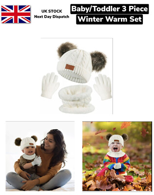 Baby Mütze Schal Handschuhe Set für Babys warme Bommel Wackelstrick Beanie Kappe Unisex Kinder