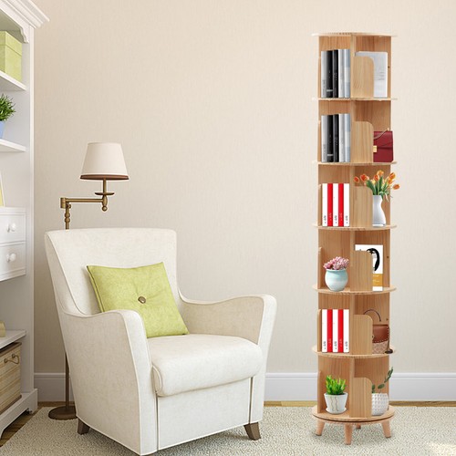 6-Tier Rotating Bookshelf Space Saving Display Shelf Pine Wood Storage Shelf