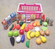 Grocery Shopping Basket with Food 34pc Set: Fruits Vegetables,milk,juice,cereal