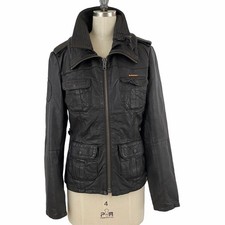 Super Dry Womens Small Brown 100% Genuine Leather Utility Cargo Pockets Jacket