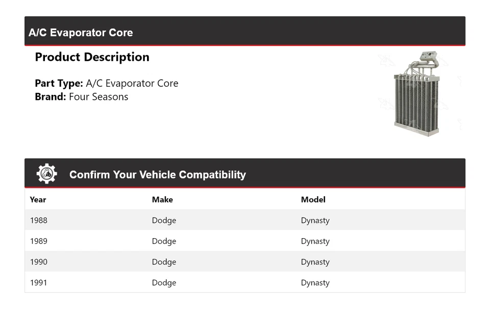 Para Dodge Dynasty 1988-1991 A/C Evaporador Núcleo 4 Temporadas 1989 1990 Foto 2 de 4