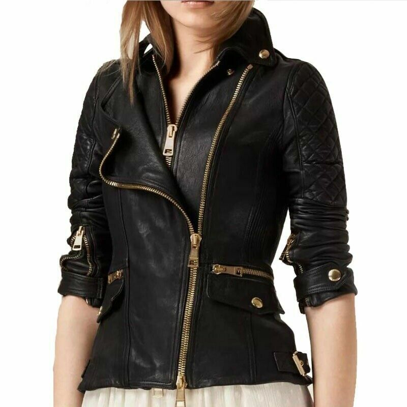 Women's Biker Leather Jacket Black Gold Zipper