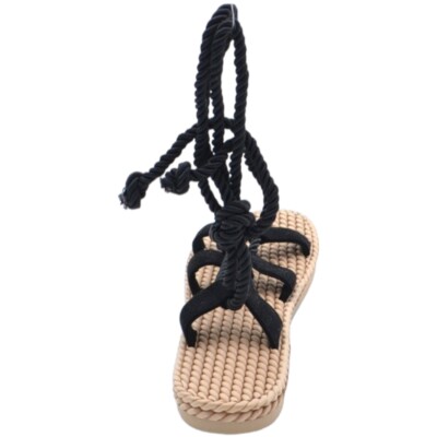 Sandali bassi donna neri lacci alla schiava al polpaccio con suola