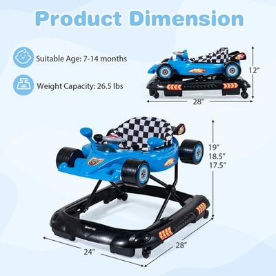 4-in-1 Foldable Baby Walker with 3-Level Adjustable Height Detachable Music Tray