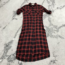 Cloth & Stone Plaid Shirt Dress Womens Small Red Black Button Front Frayed Hem