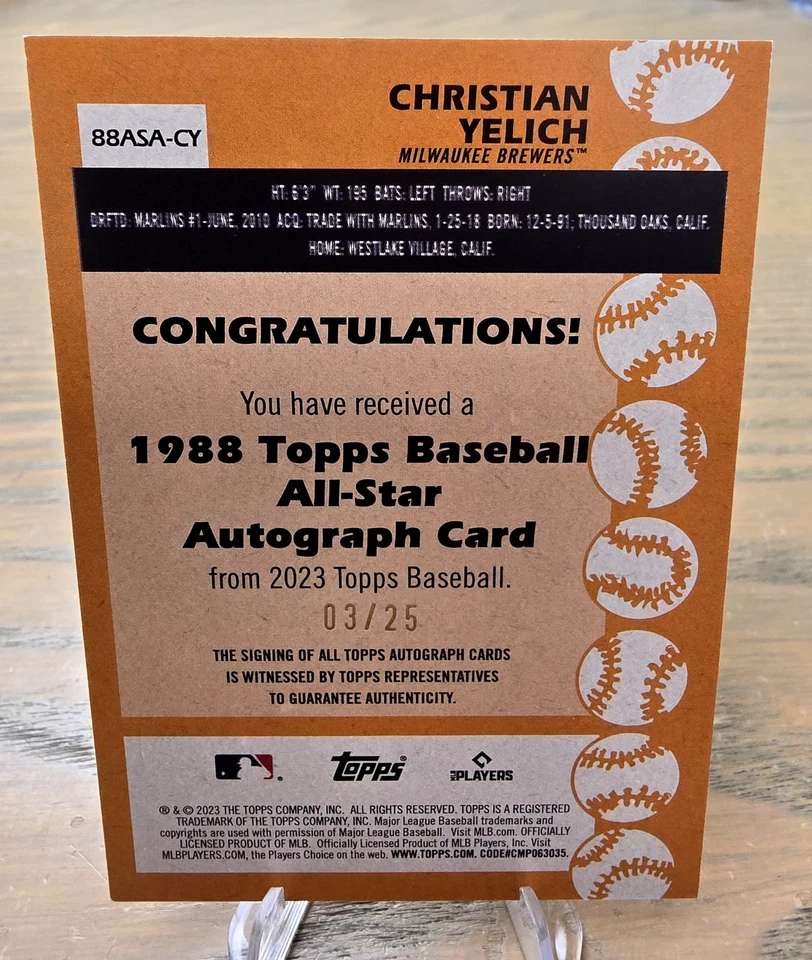 2023 Topps Series 2 -Christian Yelich AUTO 1988 TOPPS ALL-STAR GOLD 3/25 🔥 - Image 2 of 2