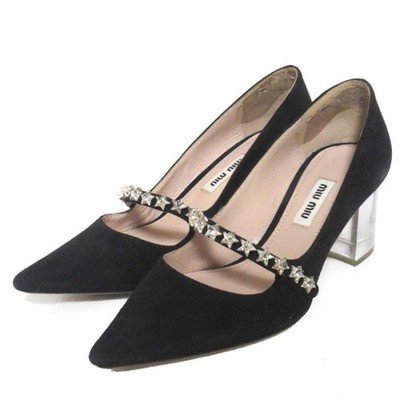 MIUMIU Star Bijou Clear Heel Pointed Toe Pumps Black Women's Size EU34.5/US4.5