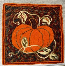 Title: Hand-Hooked Wool Pumpkin Wall Art Autumn Folk Art 17x17” Primitive Style