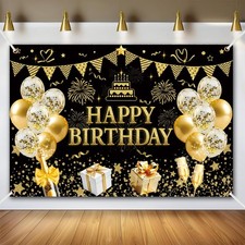 Black Gold Glitter Happy Birthday Banner Backdrop, 71x43 in for Women Men Par...