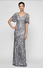 Alex Evenings 8196611 Flutter Sleeves Sequined Long Silver Gown - NWT 259 - 16