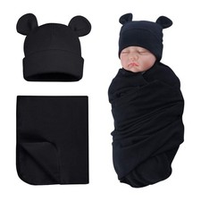 PESAAT Cotton Baby Swaddle Hat Set Newborn 0-6 Months, Black swaddle hat 