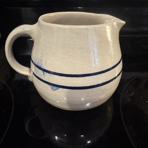 Vintage Glazed Stoneware Pitcher Creamer  Blue Stripe Smudged