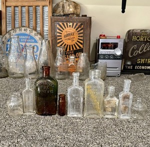 9 Antique Bottles McCormick Baltimore Bell Ans Wildroot Hinds Strap Side Whiskey