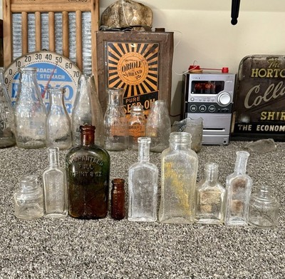 9 Antique Bottles McCormick Baltimore Bell Ans Wildroot Hinds Strap Side Whiskey
