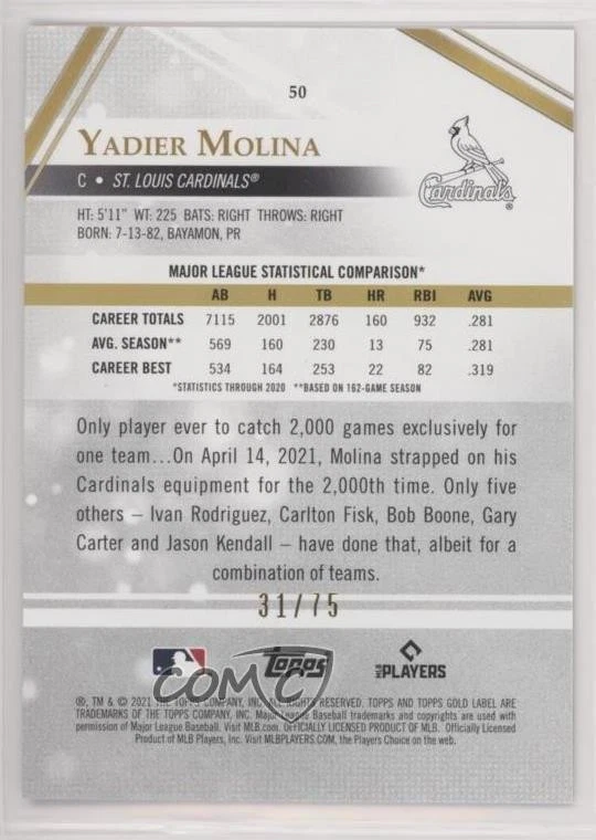 2021 Topps Gold Label Class 1 Red /75 Yadier Molina #50 - Image 2 of 2