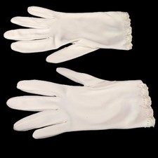 Short White Ladies Womens Gloves 100 Double Woven Nylon Floral Embellishment