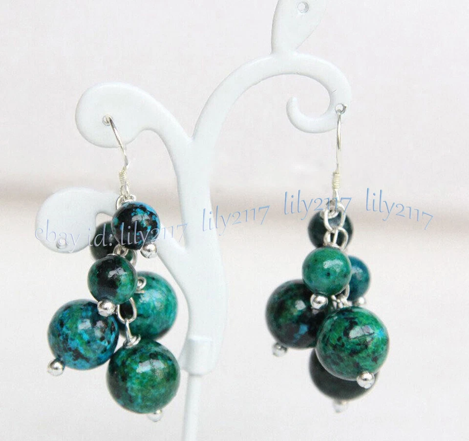 Green Azurite Chrysocolla Round Gemstone Beads Cluster Grape Dangle Hook Earring - Image 2 of 4