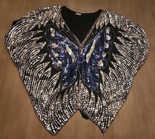 Vintage 70s 80s Retro Disco Boho Beaded Sequin Butterfly Silk Top