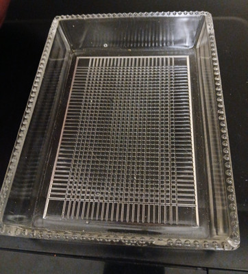 Old Heavy Glass TRAY 6'' x 8'' x 1.75'' Beaded Rim & Pattern of Squares Underside