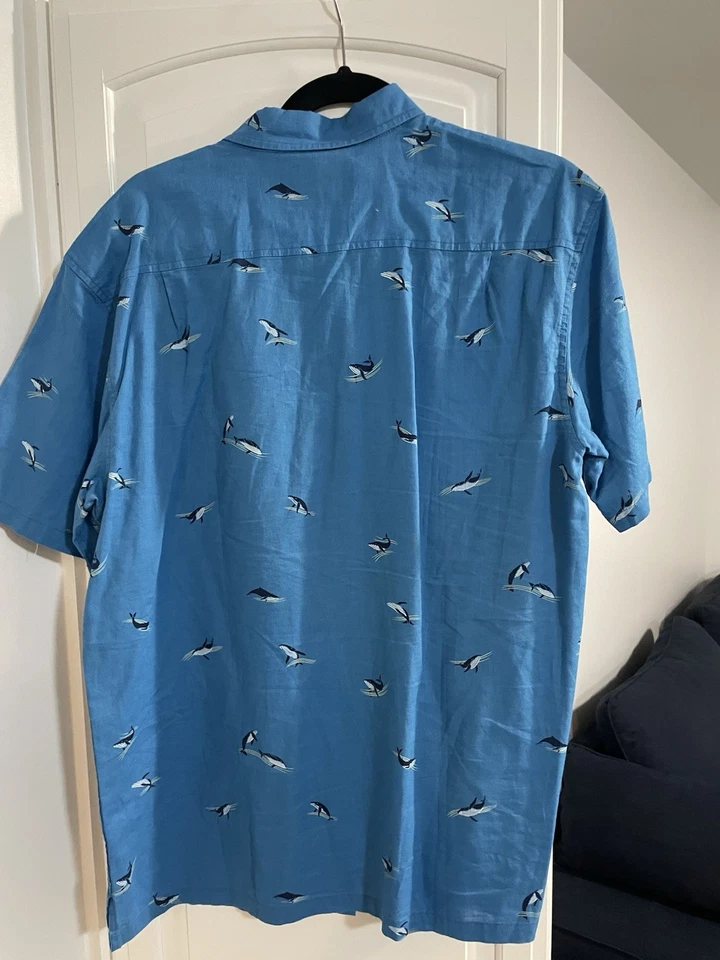 Camisa Kahala Para Hombre Mediana Hawaiana Lino Algodón Azul Verde azulado Ballenas Foto 2 de 2
