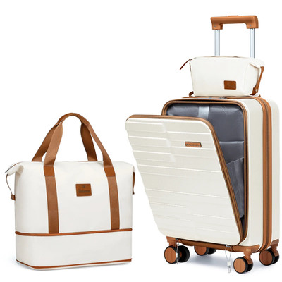 3-Piece Front Opening Cover Carry-On Luggage Side Hooks TSA Lock Spinner Wheels 