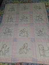 Vintage Hand Sewn Unisex Baby Crib Quilt with Embroidered Boys Girls 43" X 33"