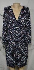 BELLA ELLA BOUTIQUE Black Blue White Patterned V Neck Dress Medium 3/4 Sleeves