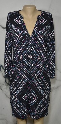BELLA ELLA BOUTIQUE Black Blue White Patterned V Neck Dress Medium 3/4 Sleeves