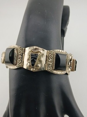 Black carved onyx Aztec Worrier faces Mexican alpaca panels bracelet