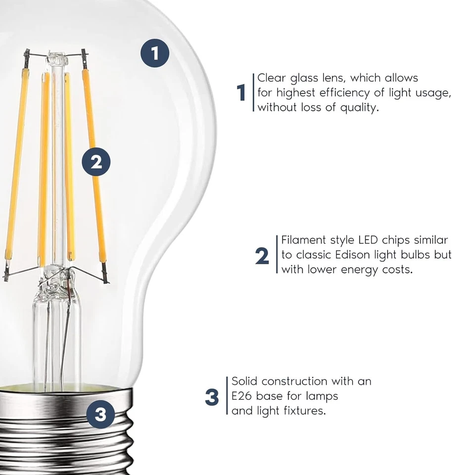 6 PCS E26 A19 Vintage Edison Bulbs (40W Eq.) Dimmable Filament Light Bulbs 6500K - Image 3 of 4