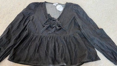 NWT - Anniewear Annie Wear Denim Bow Front Peplum Blouse Size L