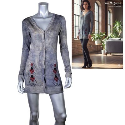 SAVE THE QUEEN SWEATER GRAY ARGYLE MOTIF WOOL CARDIGAN z S Small