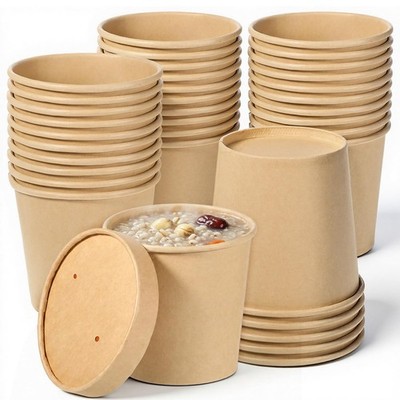 Lyksgir 50 Sets 12 Oz Paper Soup Containers with Lids, Small, Brown