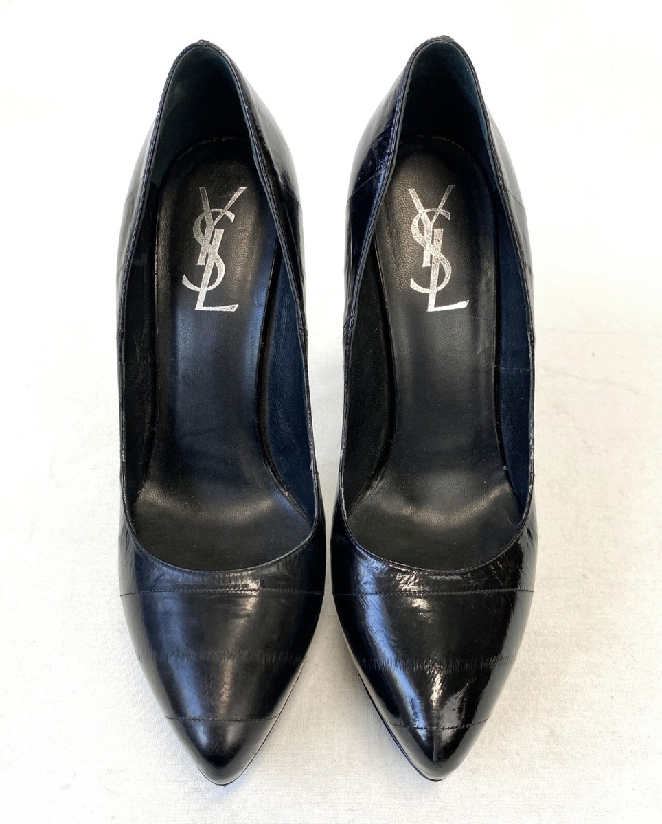 YSL YVES SAINT LAURENT Black Divine Eel Skin Platform Heels 39.5