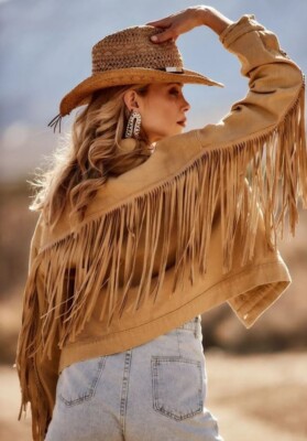 Fringe Tan Denim Jacket By 12th Tribe Size S Festival Collection Urban Cowgirl